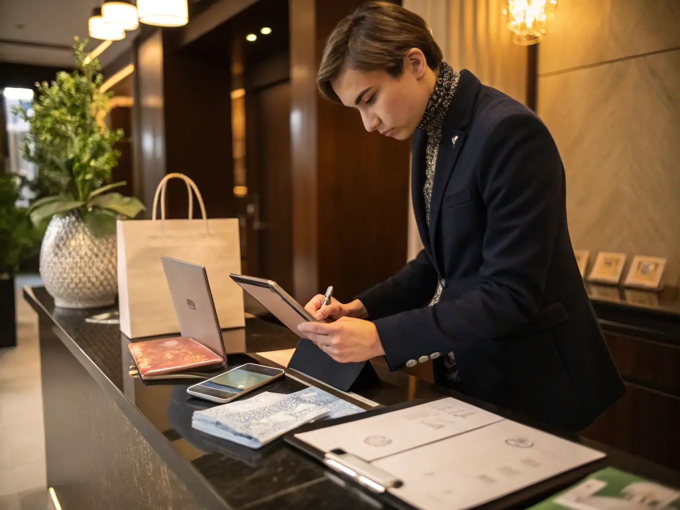 A client reviewing and approving a detailed invoice on a tablet, with a concierge standing by, symbolizing the transparent confirmation process.
