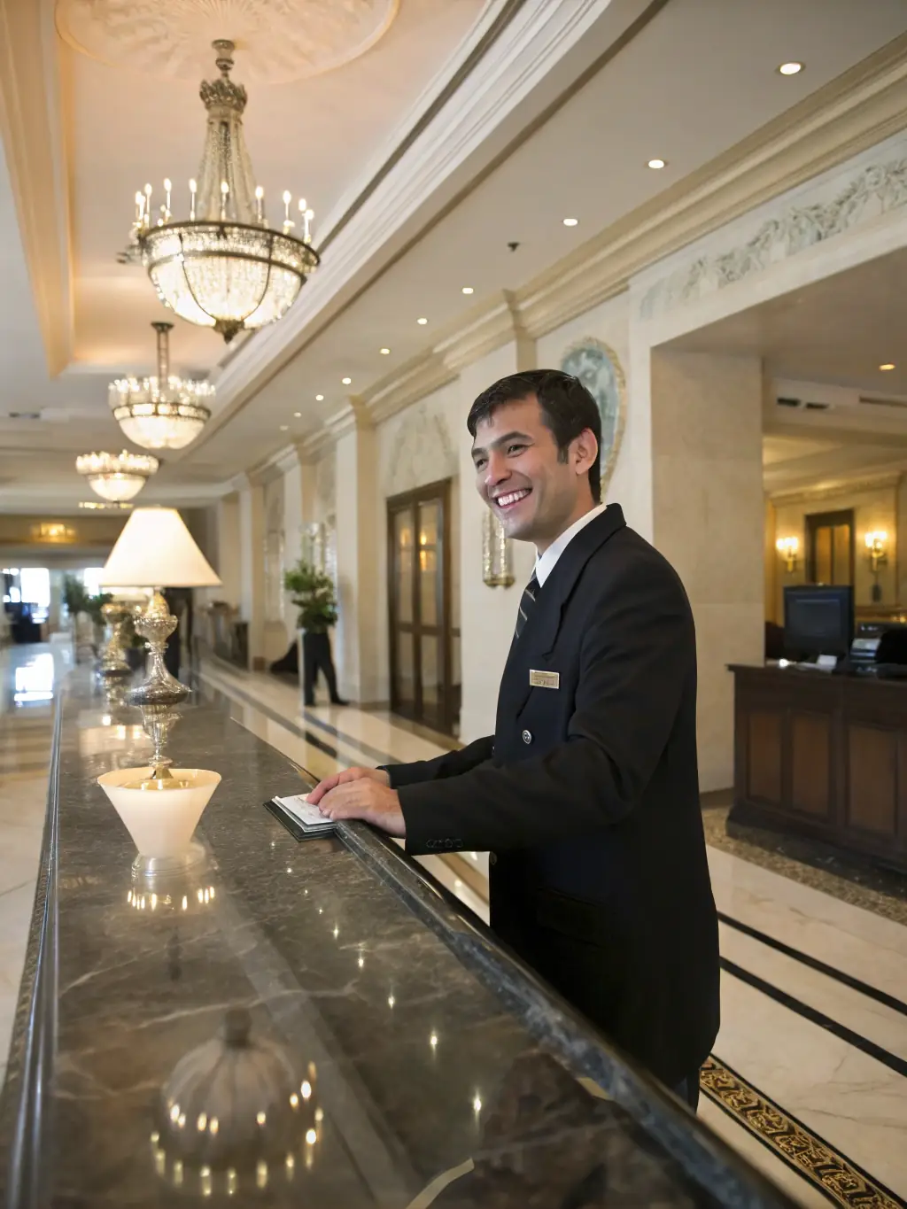 A client receiving confirmation documents in a luxury hotel lobby, with a concierge smiling in the background, representing a smooth confirmation process.