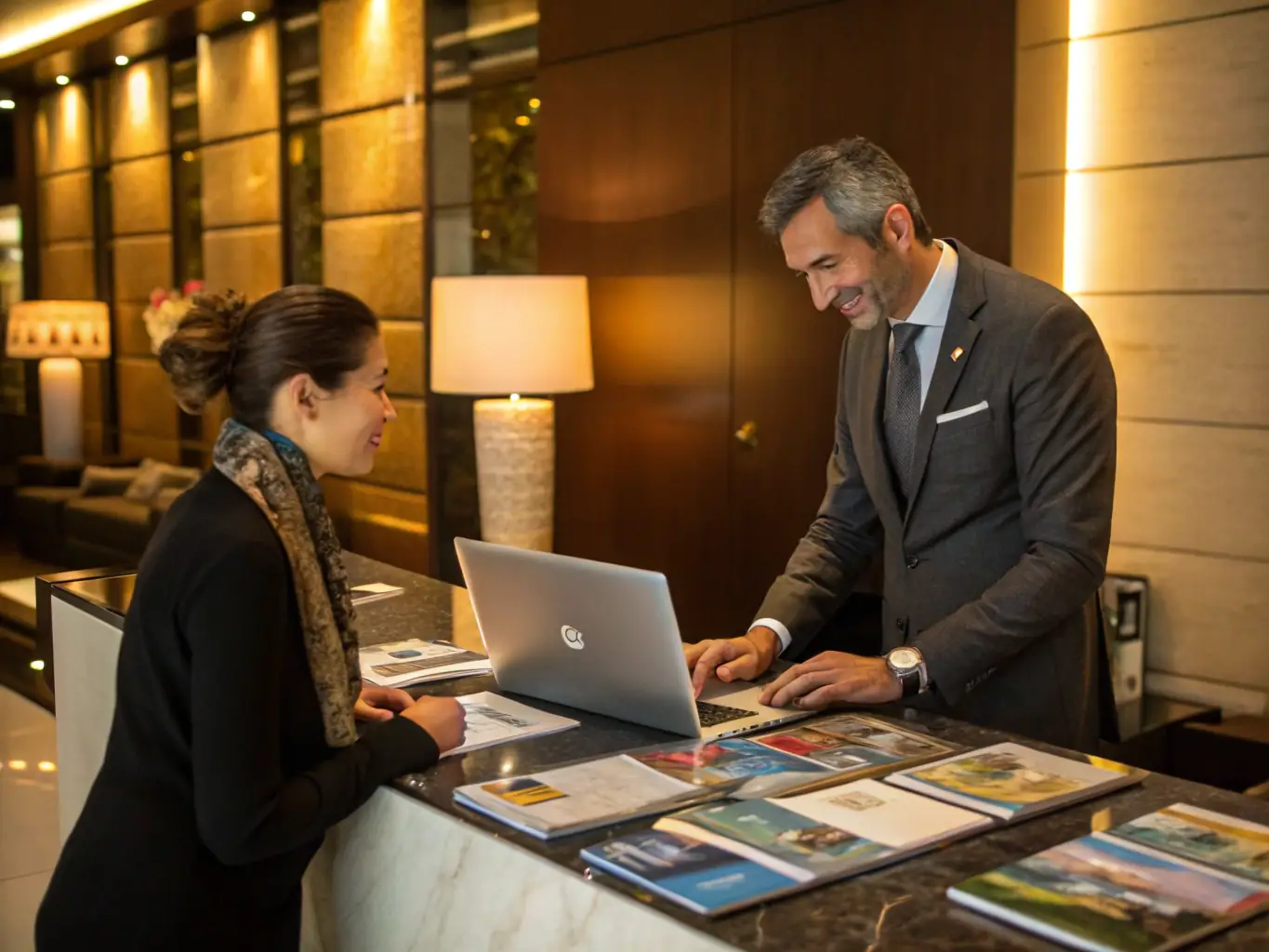A professional photograph showcasing a dedicated concierge meticulously planning a client's itinerary in a luxurious office setting, emphasizing personalized service.