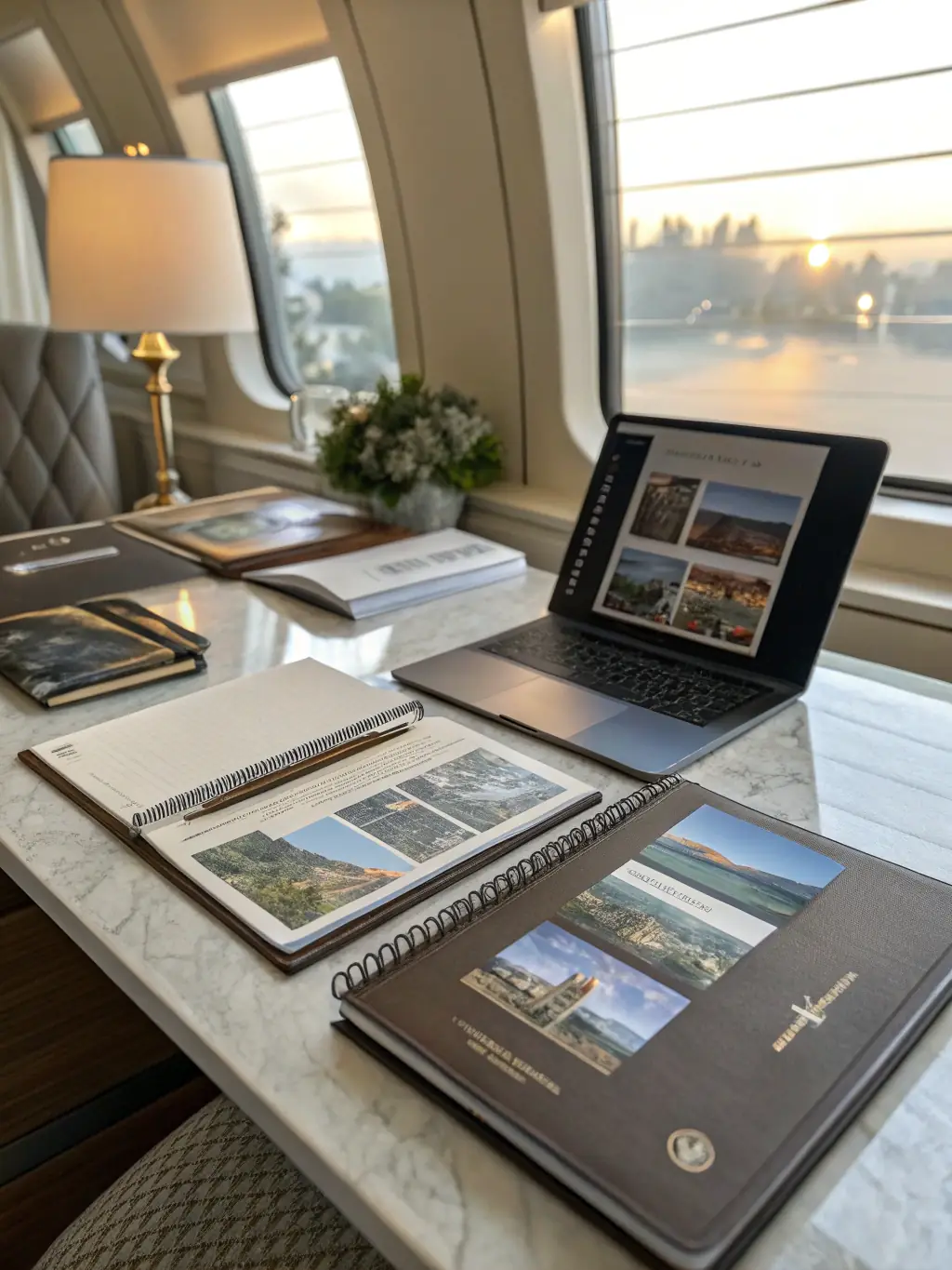 A detailed itinerary being created on a laptop, surrounded by travel brochures and destination guides, symbolizing meticulous planning.