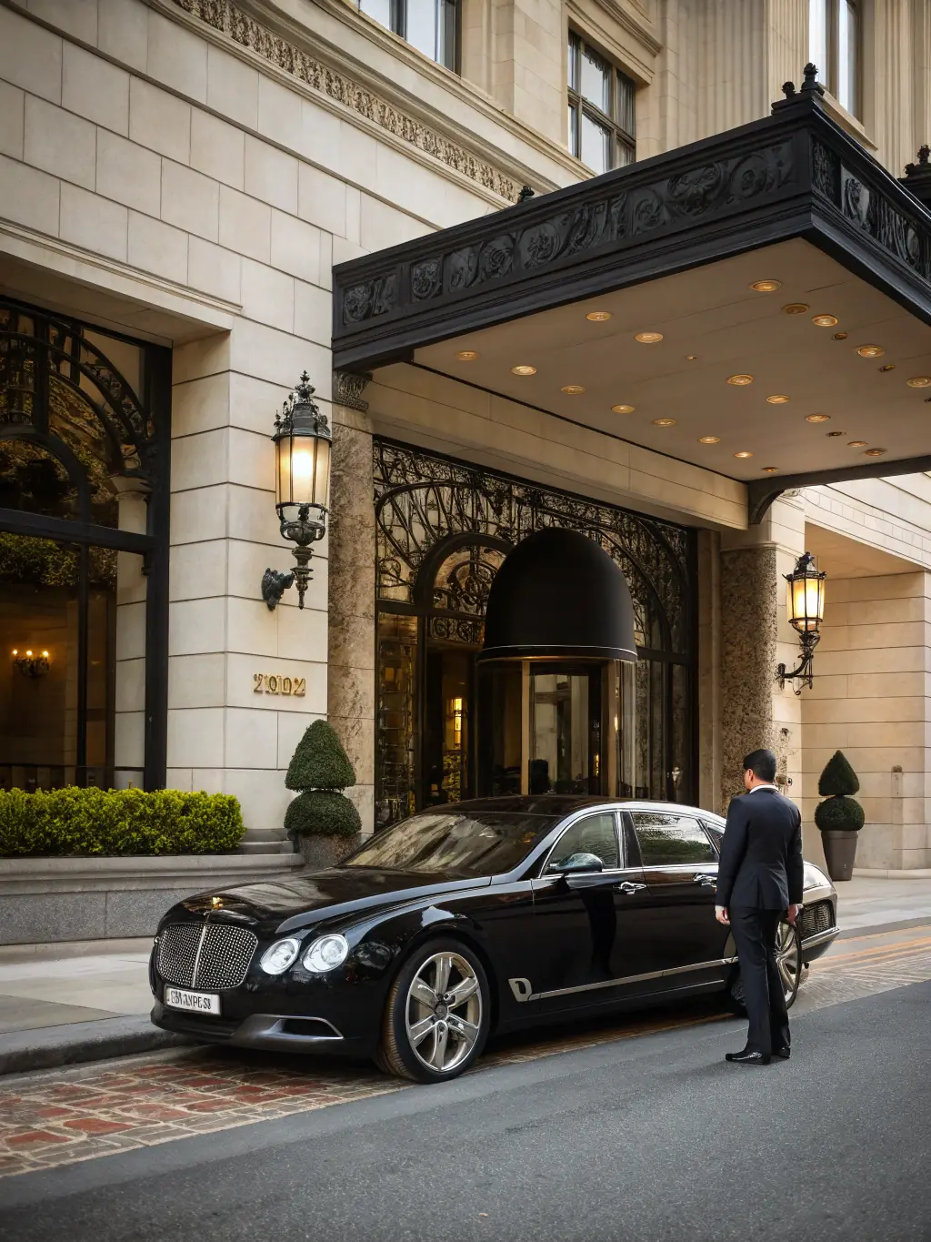 A private driver escorting clients to a luxury vehicle outside a five-star hotel, showcasing the execution of the planned experience.